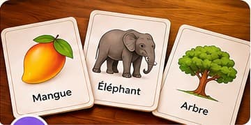 Des flashcards illustrées avec un fruit, un animal et un arbre